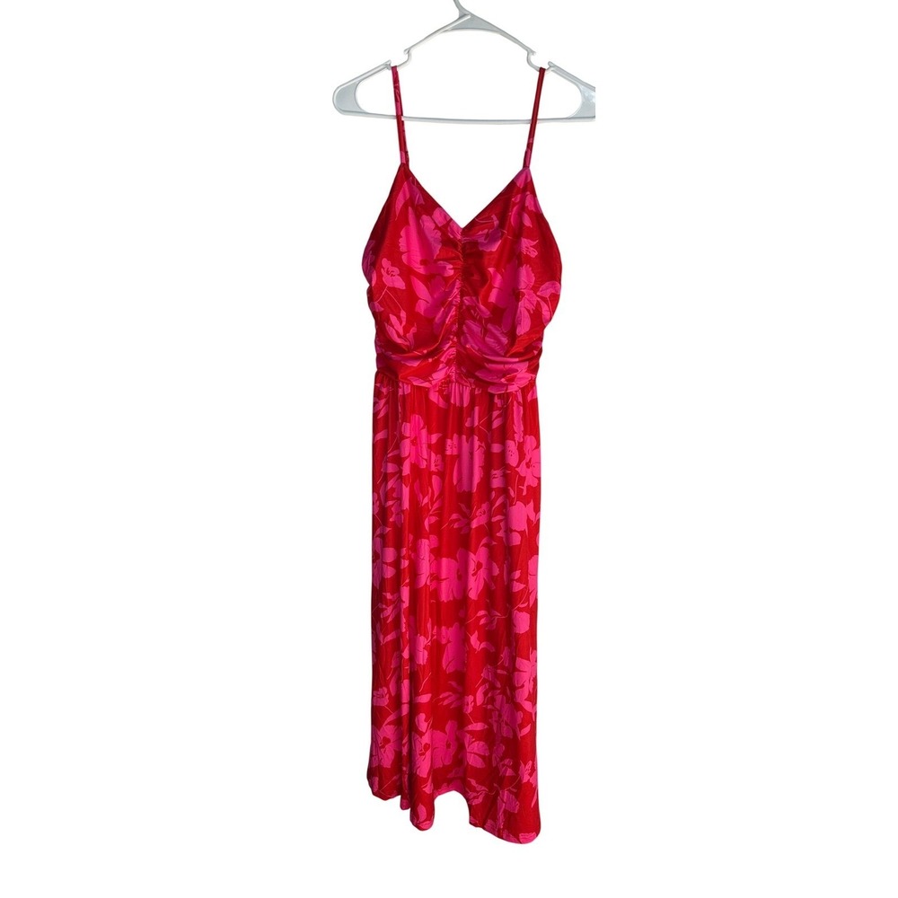 Annebouti Women Red Pink Floral Ruched VNeck Midi Dress AN057-RD‎ Size L NEW